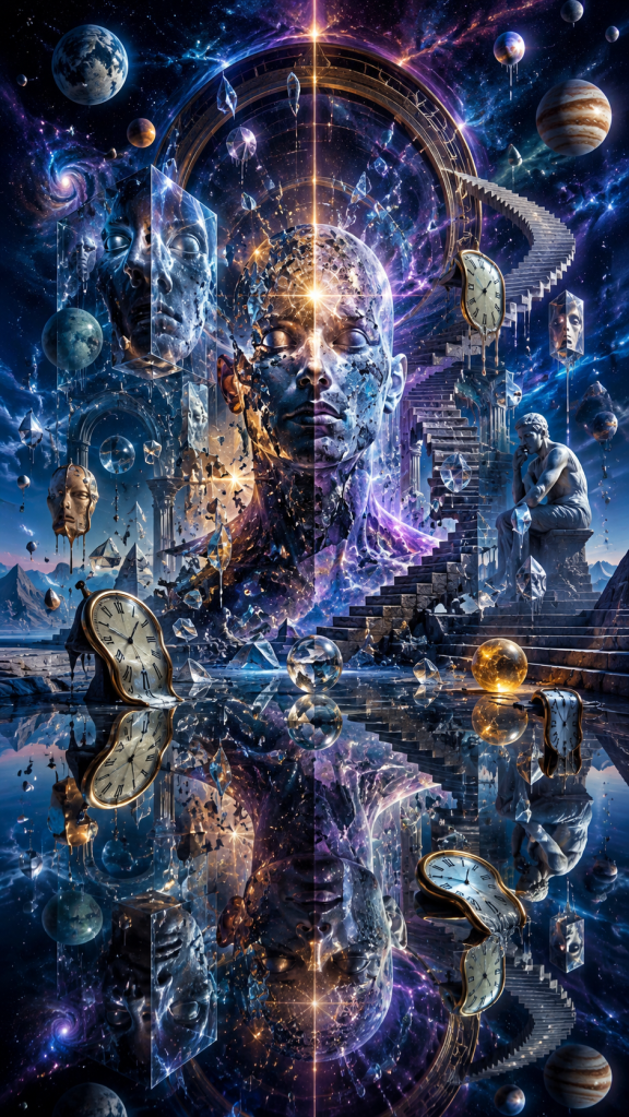 A cracked statue-like human head floats among planets, broken clocks, staircases, masks, and reflective water, creating a surreal representation of timeless awareness, identity, memory, consciousness, and the separation between changing experience and underlying existence.