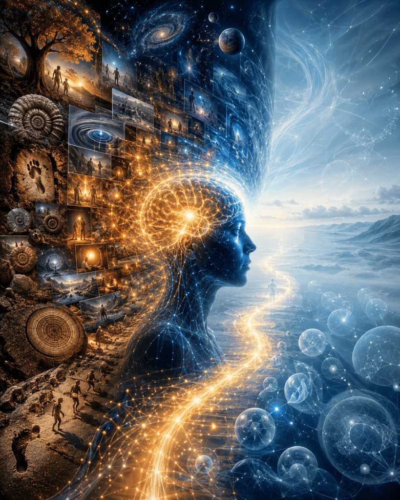 A blue human profile filled with ancestral memories, family scenes, fossils, glowing neural pathways, and evolving life experiences represents memory, consciousness, human awareness, and the creation of experienced time.