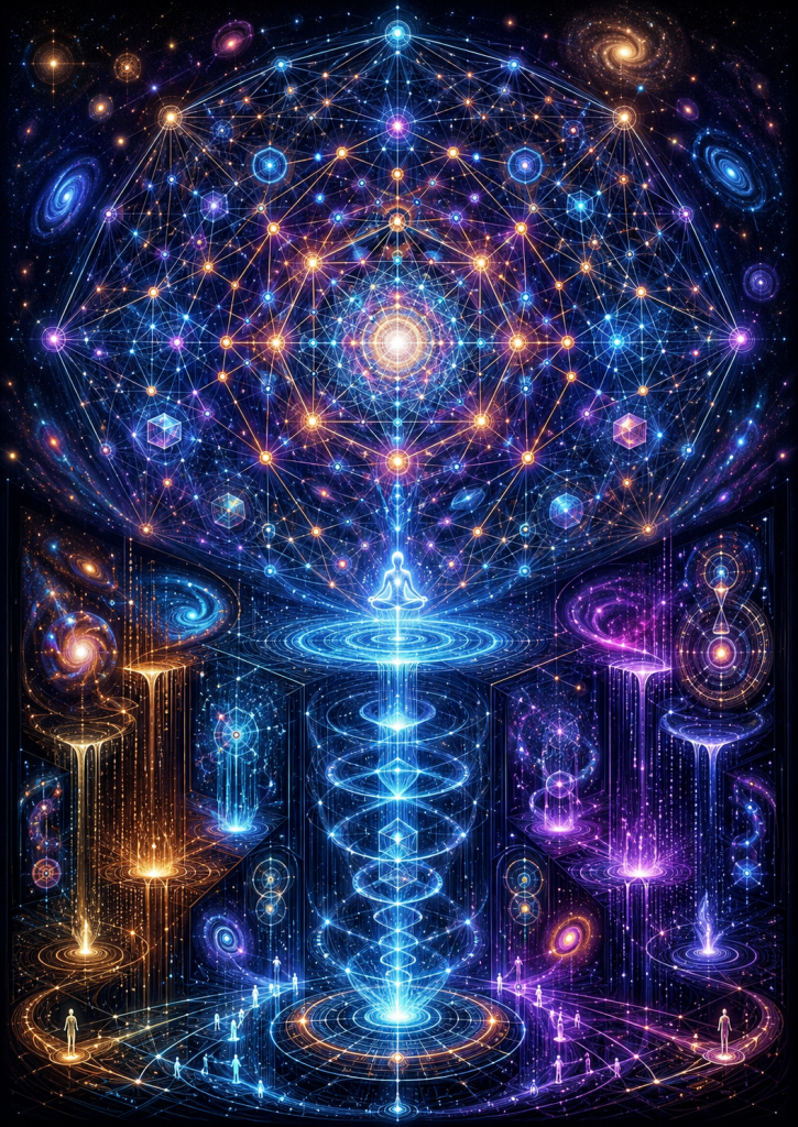 A luminous geometric mandala fills a cosmic space with interconnected nodes, galaxies, an hourglass, and a meditating figure, symbolizing quantum gravity, the problem of time, consciousness, and the search for a deeper structure of reality.