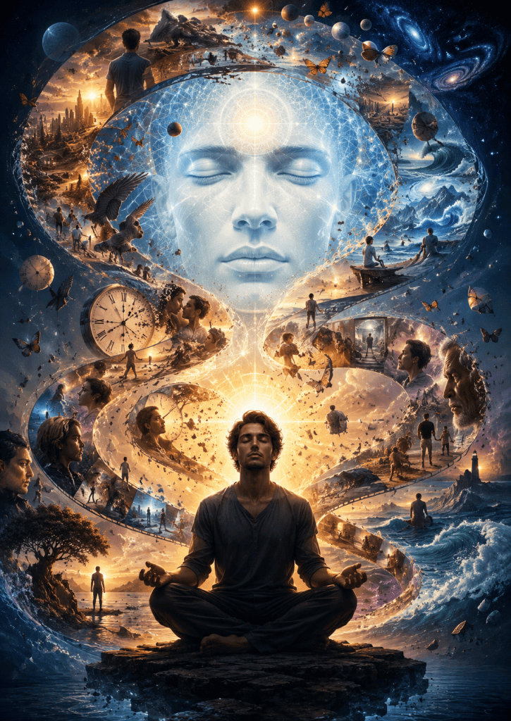 A meditating man sits beneath a vast glowing face while memories, family scenes, oceans, mountains, clocks, and butterflies surround him, symbolizing consciousness, memory, identity, and the continuity of human experience across time.