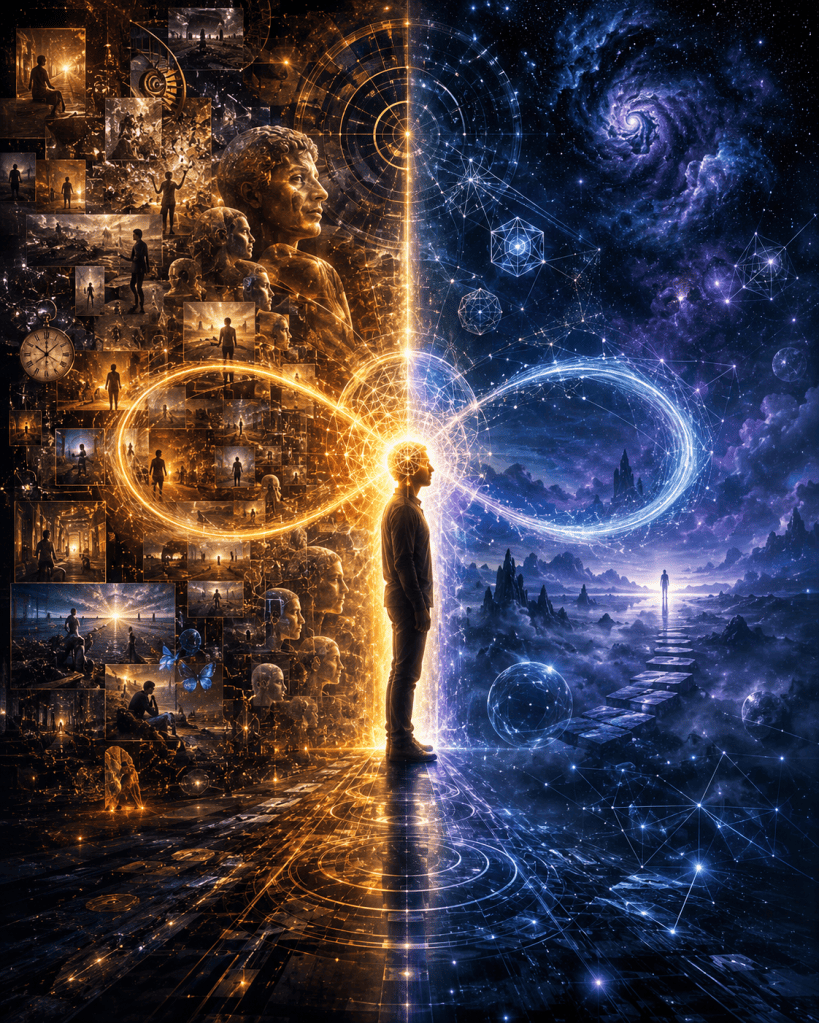 A standing figure is divided between a golden memory-filled past and a blue cosmic future, with an infinity symbol extending from the mind, symbolizing consciousness, memory, anticipation, identity, and the human experience of time as a journey.