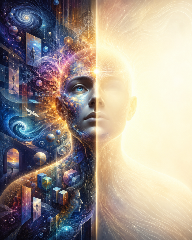 A human face is divided between a colorful cosmic mind filled with portals, memories, and galaxies and a bright peaceful field, symbolizing consciousness, perception, emergent time, and the transition from complex physical relationships to organized experience.