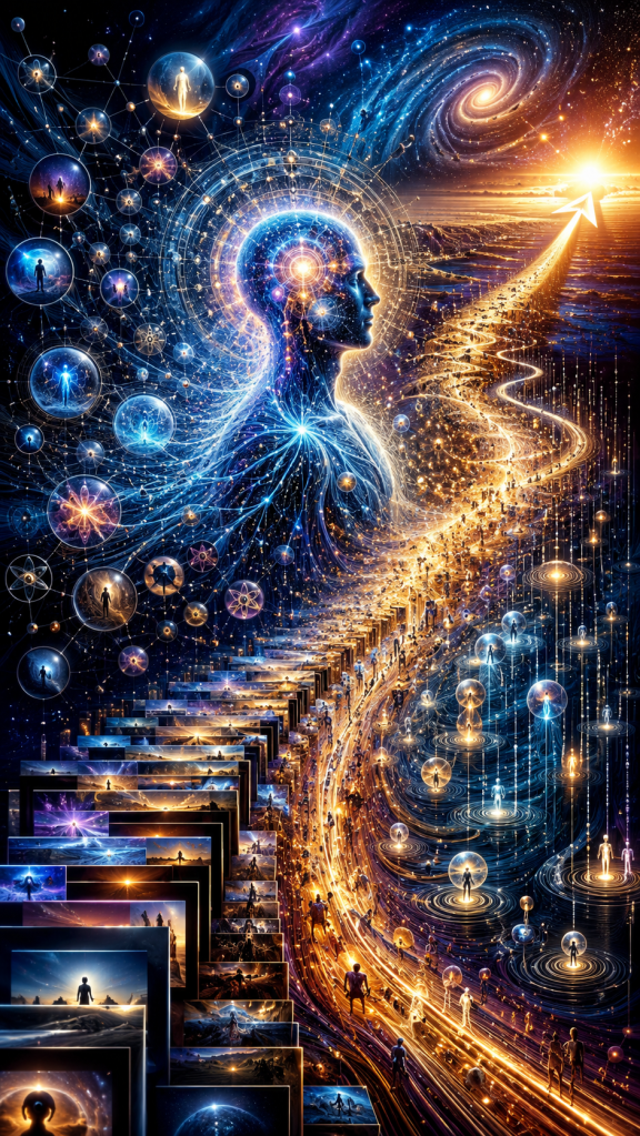 A luminous human profile follows a glowing arrow toward the sunrise while memories, galaxies, and interconnected networks surround the journey, illustrating the psychological arrow of time, human purpose, memory, and conscious experience.