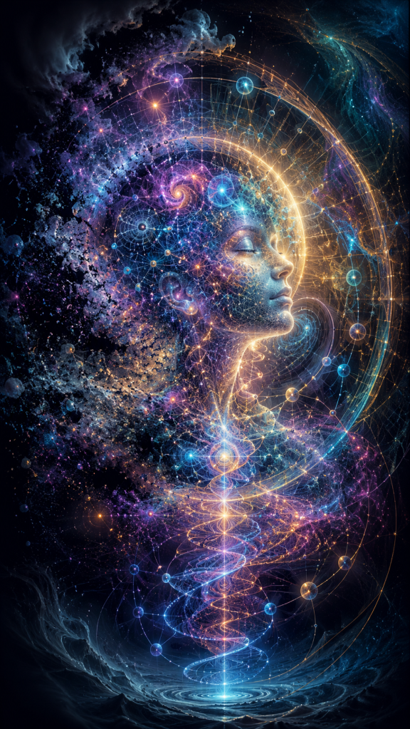 A serene human face emerges from a dark cosmic field of glowing networks, planets, spirals, and energy lines, symbolizing memory, consciousness, temporal continuity, and the relationship between recorded change and the experience of time.