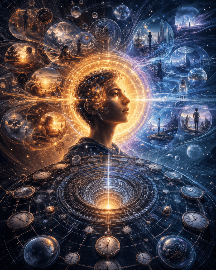 A thoughtful young person surrounded by clocks, memory bubbles, planets, and imagined landscapes symbolizes the brain's construction of the present moment through perception, memory, anticipation, and conscious awareness.
