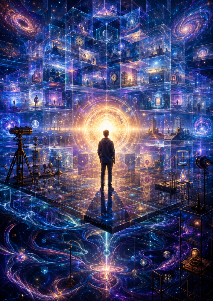A person stands before a glowing portal inside a transparent cosmic city surrounded by clocks, telescopes, hourglasses, and galaxies, symbolizing relativity, observer perspective, spacetime, and the absence of a universal present.