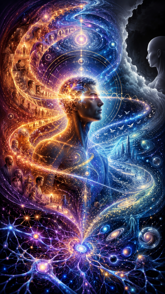 A glowing human figure stands in profile as orange streams of memory and blue cosmic currents flow around them, with faces, galaxies, birds, cities, and neural patterns representing consciousness, identity, memory, choice, and the human experience of time.
