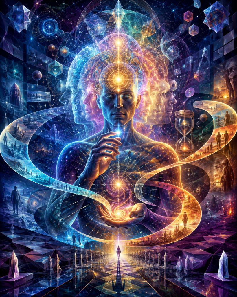 A radiant human figure holds a glowing light while multiple faces, crystal structures, hourglasses, and flowing timelines surround them, symbolizing human consciousness, memory, interpretation, transformation, and the experience of time within a larger reality.