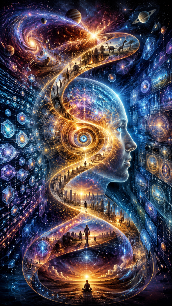 A translucent human head containing a spiral timeline of evolution, history, cities, galaxies, and glowing data illustrates how information, memory, consciousness, and human experience combine to create the lived experience of time.