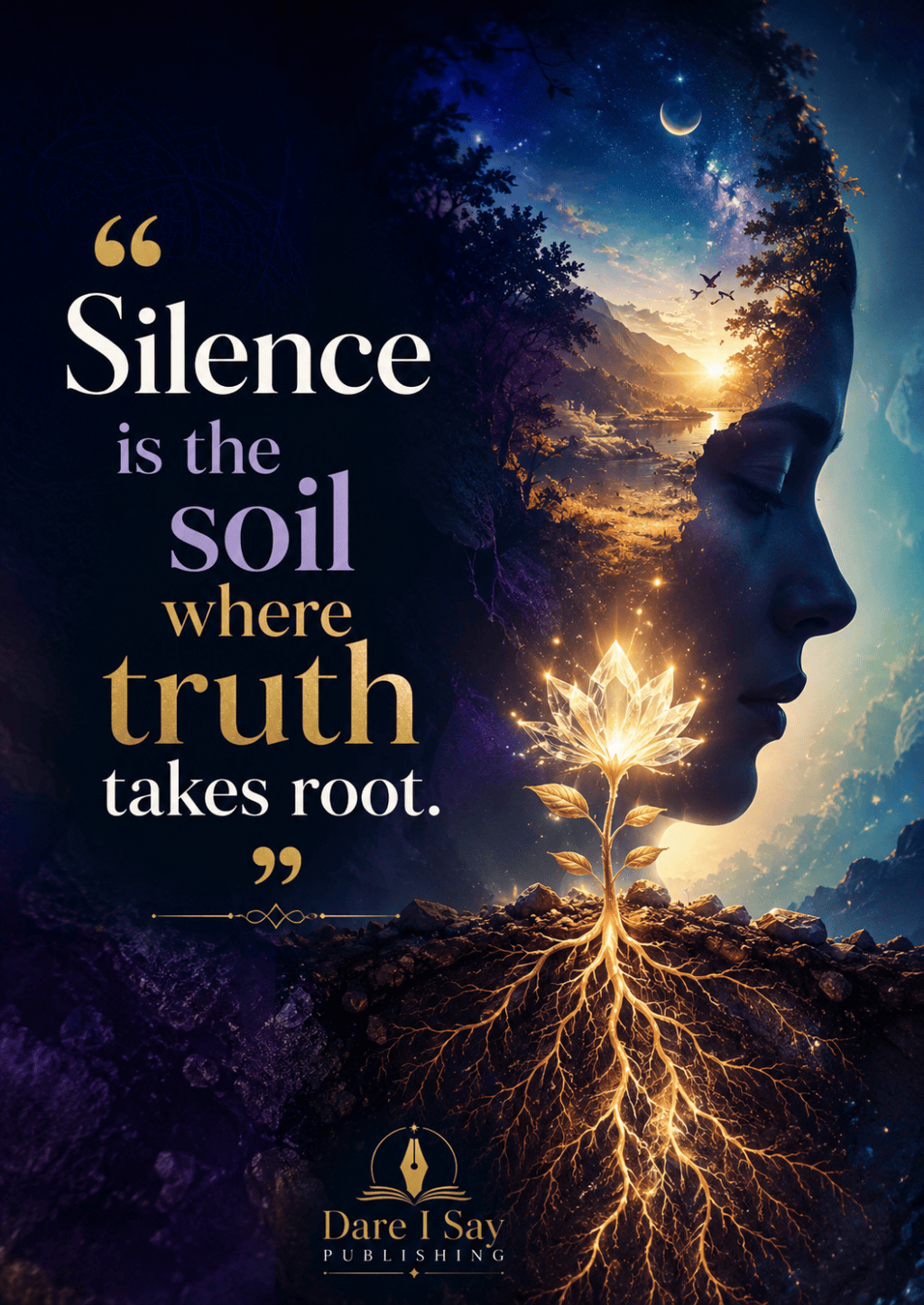 A woman's profile blends into a peaceful night landscape of mountains, water, trees, and a sunrise, while a glowing flower grows from dark soil with golden roots spreading beneath the surface. The image reads, “Silence is the soil where truth takes root.” Dare I Say Publishing.