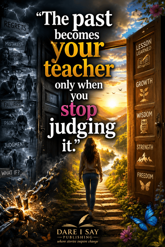 A woman walks through an open doorway from a dark landscape marked with regrets, mistakes, shame, failures, pain, judgment, and “what if?” toward a sunlit path marked with lesson learned, growth, wisdom, strength, and freedom. Quote says, “The past becomes your teacher only when you stop judging it.” Dare I Say Publishing.