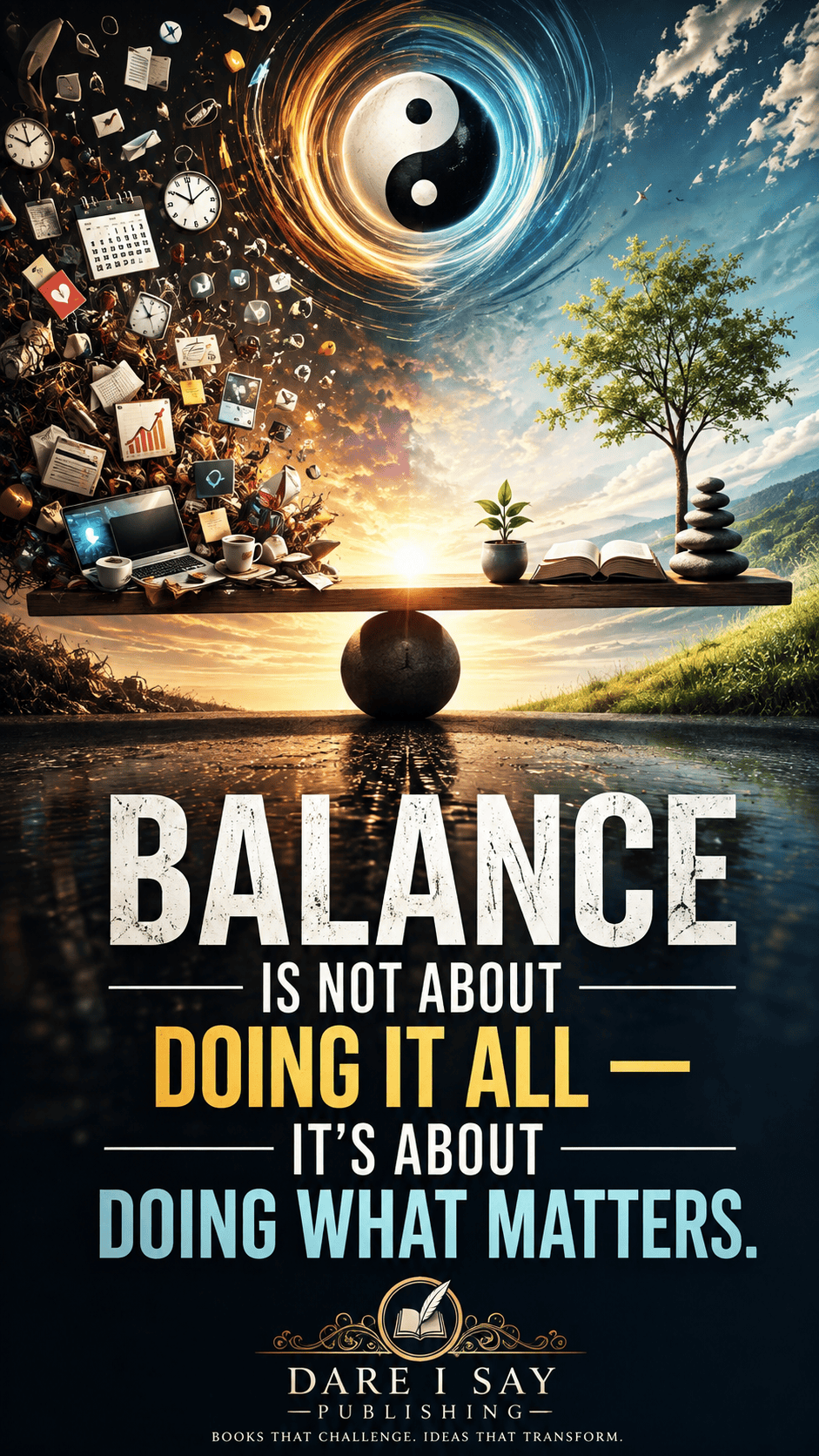 A symbolic balance beam separates a chaotic scene filled with clocks, technology, schedules, paperwork, and notifications from a peaceful landscape with a tree, stacked stones, a plant, and an open book beneath a yin-yang symbol. The image reads, “Balance is not about doing it all — it’s about doing what matters.” Dare I Say Publishing appears below.