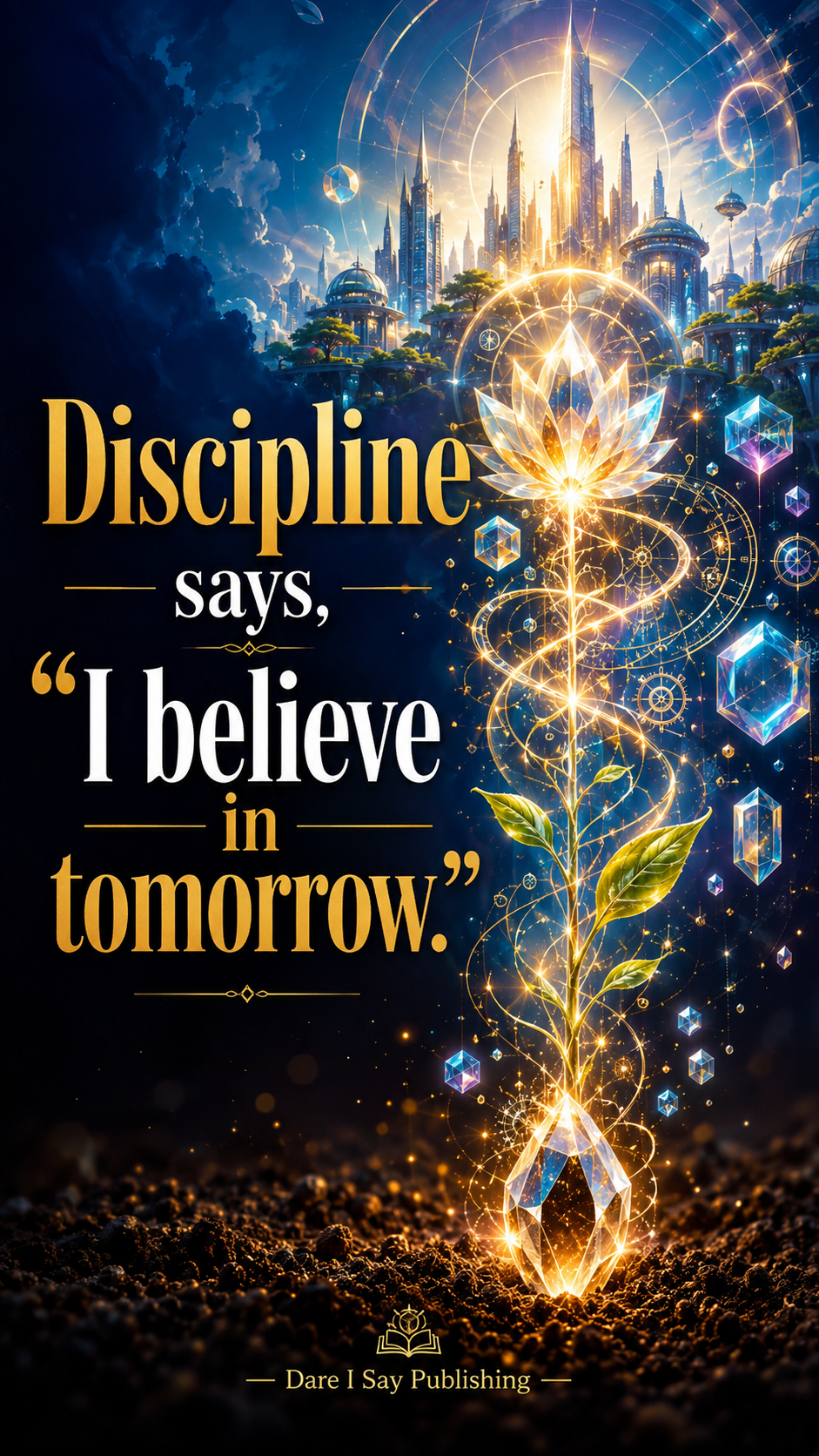 A glowing plant grows from a faceted crystal seed in rich soil toward a luminous futuristic city, surrounded by geometric light patterns and floating crystals. Text reads, “Discipline says, ‘I believe in tomorrow.’” Dare I Say Publishing branding appears near the bottom.