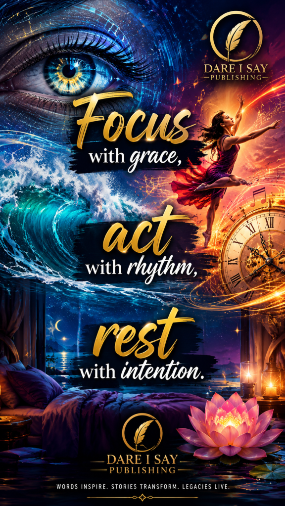 A colorful symbolic collage featuring a close-up blue eye, ocean wave, dancer in motion, antique clock, peaceful bedroom, glowing lotus, and moonlit water. Text reads, “Focus with grace, act with rhythm, rest with intention.” Dare I Say Publishing branding appears at the top and bottom.