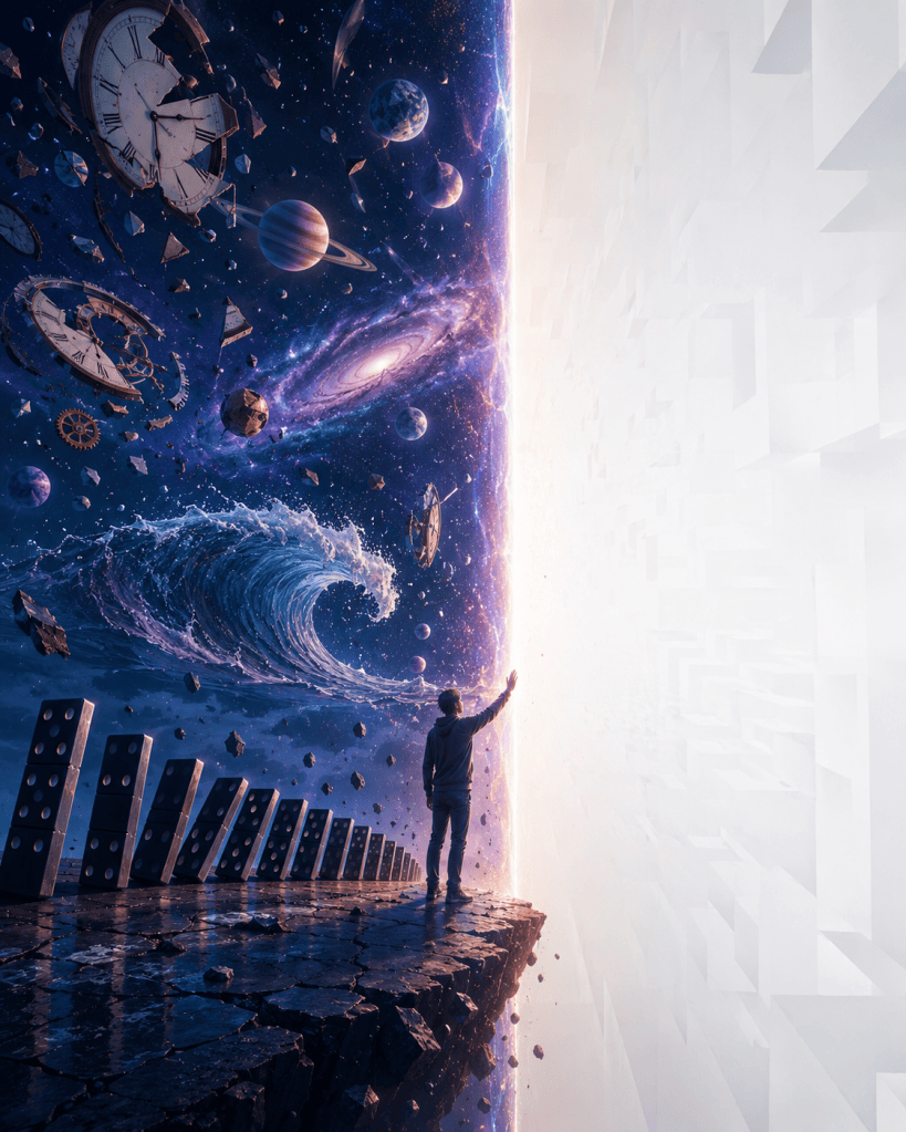 A lone person stands on a cracked platform before a blinding wall of light, surrounded by planets, broken clocks, ocean waves, dominoes, and cosmic debris, symbolizing a threshold between uncertainty and possibility and reflecting on time, change, experience, and the unknown future.
