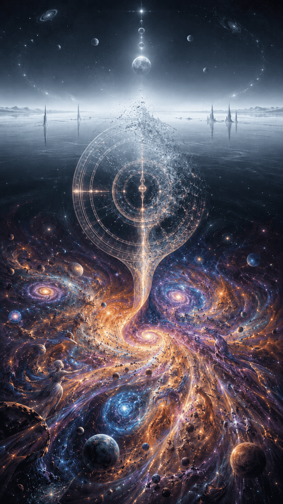 A luminous cosmic formation rises from swirling galaxies toward a pale horizon, surrounded by planets, stars, glowing spirals, and a delicate hourglass-like structure, symbolizing the emergence of time, transformation, cosmic order, change, and the relationship between reality and temporal experience.