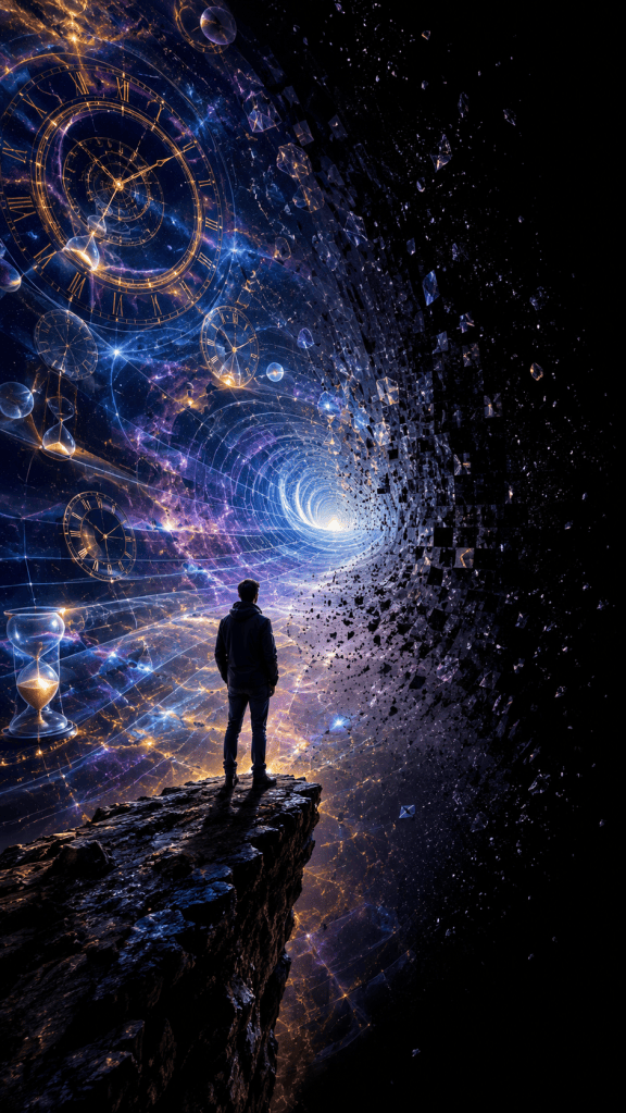 A person stands at the edge of a vast cosmic tunnel filled with glowing clocks, hourglasses, shattered fragments, and blue-purple energy while the far end disappears into darkness, symbolizing time, sequence, change, and the unknown nature of temporal reality.