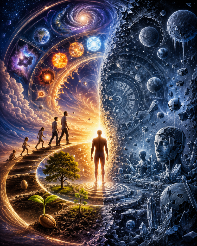 A radiant human figure stands at the center of a divided universe, with golden light, family, growth, and nature on one side and cold grayscale masks, crystals, and statues on the other, symbolizing life, change, choice, identity, and the contrast between becoming and stillness.
