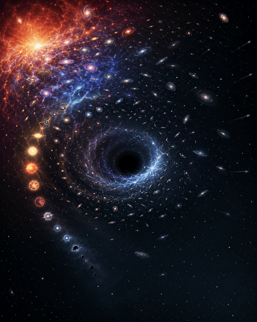 A massive black hole dominates a cosmic scene surrounded by galaxies, stars, arrows, and planetary bodies, with intense red-orange light nearby, symbolizing gravitational extremes, spacetime, cosmic evolution, and the possibility of boundaries in time.