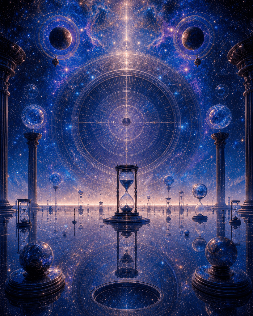 A serene cosmic hall filled with hourglasses, reflective floors, planets, and ancient columns beneath a star-filled sky, with a large circular celestial pattern glowing in the background, symbolizing cosmic stillness, entropy, time, equilibrium, and the possible far future of the universe.