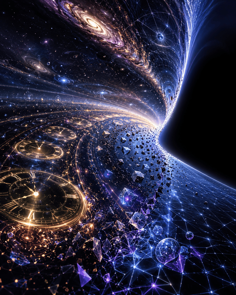 A surreal cosmic scene curves around a massive dark void, with floating clocks, shattered crystal fragments, galaxies, and glowing blue-gold networks bending through space, symbolizing warped time, physical change, gravitational effects, and the limits of temporal measurement.