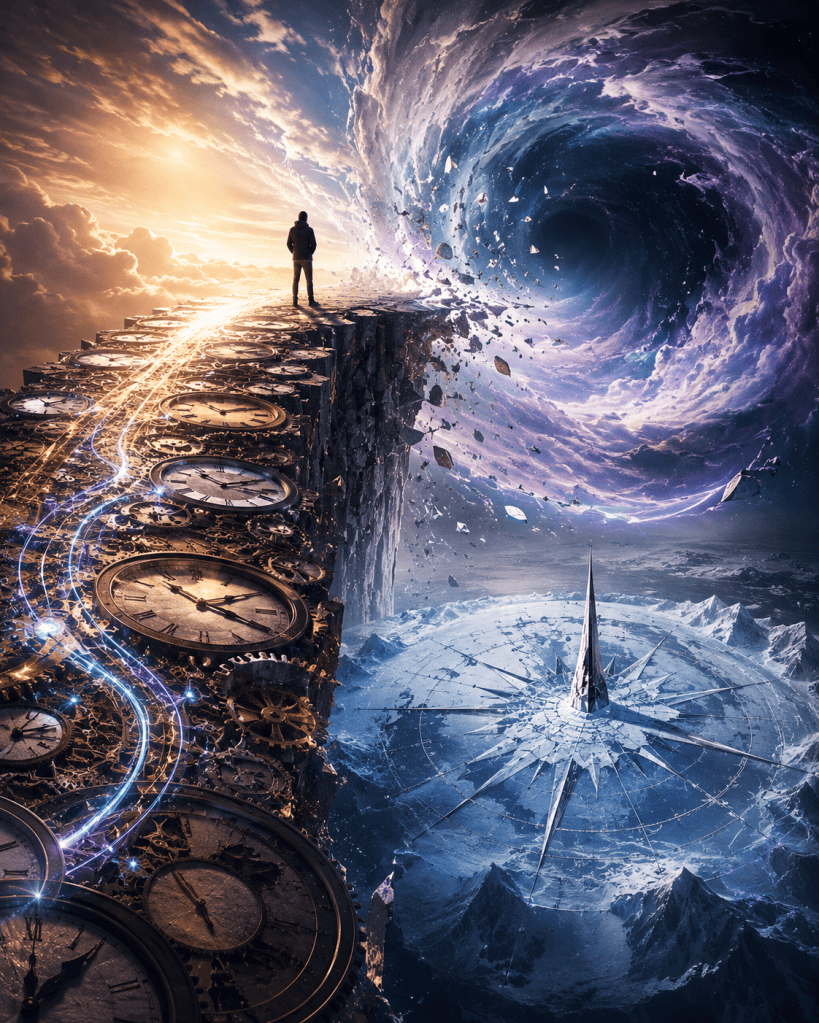 A lone figure stands at the edge of a cliff made of clocks and gears, facing a bright horizon on one side and a swirling dark vortex on the other, with a giant compass-like structure below, symbolizing time, direction, uncertainty, and the paradox of imagining what exists after time ends.