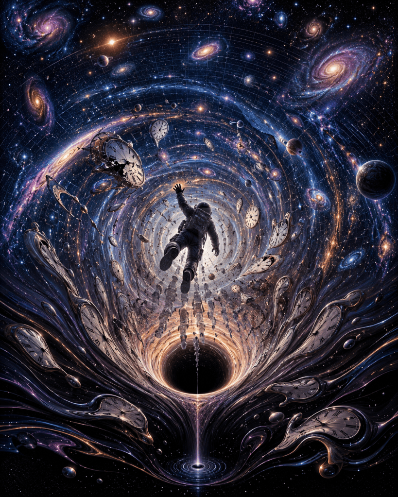 An astronaut floats through a cosmic vortex filled with broken clocks, galaxies, planets, and stretched timepieces, symbolizing human experience within time, temporal perception, uncertainty, and the challenge of understanding the universe.