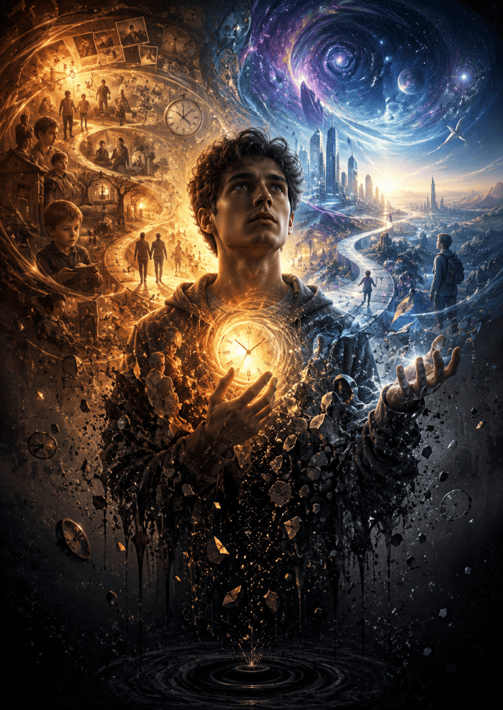 A young man stands at the center of a surreal split scene holding a glowing clock, surrounded by childhood memories and warm golden pathways on one side and futuristic blue cities and cosmic paths on the other, symbolizing consciousness, memory, identity, time, and the uncertain future.