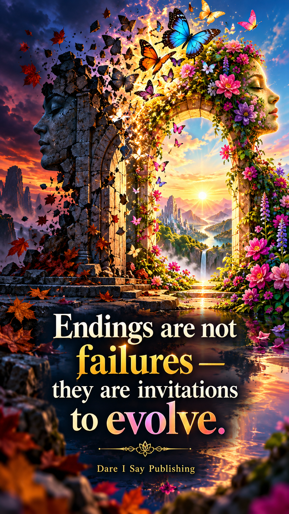 Surreal Dare I Say Publishing artwork showing a stone arch transforming from a dark, crumbling autumn scene on the left into a flower-covered human profile on the right. Butterflies rise around the blossoms, while a bright sunrise, mountains, waterfall, and reflective water appear through the arch. Text reads, “Endings are not failures—they are invitations to evolve.”